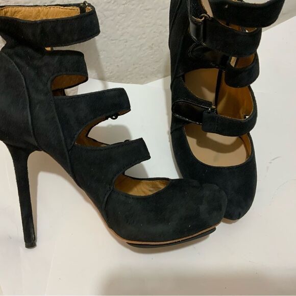 New L.A.M.B Heels Platform Strappy Buckles Suede Black Gwen Stefani New - Picture 11 of 15